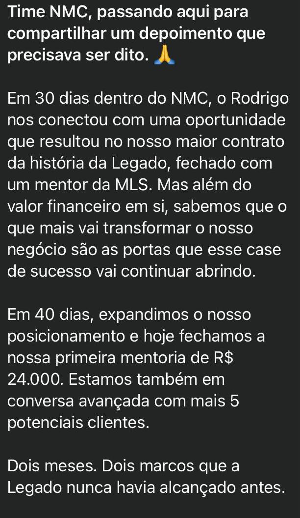 Print de depoimento de participante do New Money Day